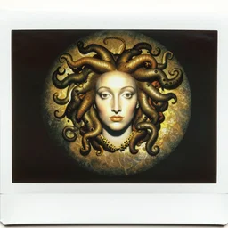 An instax film still of Medusa by Hieronymus Bosch, by Salvador Dali