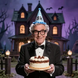 portrait photo still of don knotts holding a small cake, wearing a birthday hat, in front of a haunted house, 8 k, 8 5 mm f 1. 8