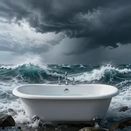 an ocean with big waves and a storm inside a bathtub, digital painting, high contrast, unreal engine render, volumetric lighting, high détail