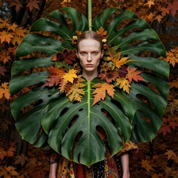 ! dream humanoid in monstera adansonii in autumn, stern face, directed gaze, haute couture, editorial photoshoot, fashion photography, cinematic lightning, flowers, ultra realistic, portrait photography, symmetrical, 8 k, hd, very detailed, hyper - real, beautiful, zdzisław beksinski