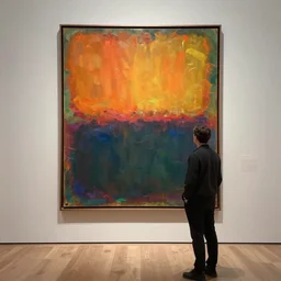 man admiring a fake mark rothko painting hanging in a big art gallery