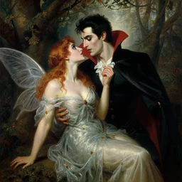 attractive male fairy of the forest confesses his love to attractive male dracula the vampire. highly detailed painting by gaston bussiere, craig mullins, j. c. leyendecker 8 k