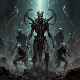 Evil dead necronimicon at the alien planet, deadites infestation, chaos and despair, Greg Rutkowski, Darek Zabrocki, Karlkka, Jayison Devadas, Phuoc Quan, trending on Artstation, 8K, ultra wide angle, pincushion lens effect