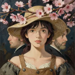 portrait of a female model wearing a hat with sakura on top, jodhpurs greg manchess painting by sargent and leyendecker, studio ghibli fantasy close - up shot asymmetrical intricate elegant matte painting illustration hearthstone, by greg rutkowski by greg tocchini by james gilleard