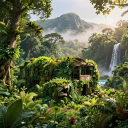 abandoned zoo covered by vegeration in the heart of the jungle, sunny morning, mountains and waterfalls, light fog, hyperdetailed, artstation, cgsociety, 8 k