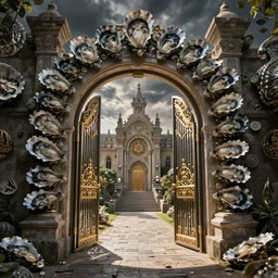 The gate to the eternal kingdom of oysters, fantasy, digital art, HD, detailed.