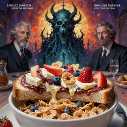 cosmic horrors on my sandwich, close up of cereal bowl, by zdzislaw beksinski, by dariusz zawadzki, by john jude palencar, gothic, surrealism, cosmic horror, lovecraftian, cold hue's, warm tone gradient background, concept art, first person view, scene in dining room, beautiful composition