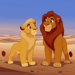 cartoon classic still from Disney\'s The Lion King 1994 but in aladdin, desert, arabian lions, iconic film still, clean artwork, character art