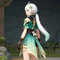 long white hair in ponytail, tall, green and gold clothed, flower, genshin impact style