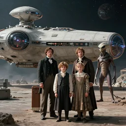 highly detailed, 16777216k film still from a sci fi blockbuster color movie made in 2019, set in 1860, of a family standing in front of a spaceship that has just landed on an alien planet, a humanoid alien creature stands nearby, the family are all wearing 1860s era clothes, in focus, good lighting, good photography, ultra high definition