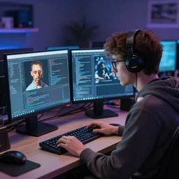 a nerd on computer testing how image prompts work, artstation