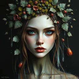 a portrait of beautiful female by irakli nadar with intricate detailed color smashing fluid oil paint and acrylic, moss and leaves headdress, melting wax, mycelia, abstract impressionism, ruan jia, dark fantasy, hyper detailed, concept art, by gustav klimt, by sue bryce, moody lighting, black background