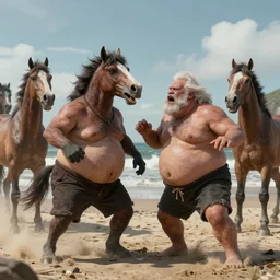 photo, two fat ugly old men fight horse mutants 4 0 1 2 7 on a beach, highly detailed, scary, volumetric lighting, front view