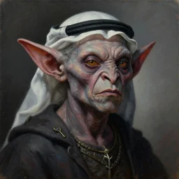 cinematic bust portrait of psychedelic goblin dressed like an arab from left, head and chest only, dark fantasy fetures, desaturated, tim hildebrandt, wayne barlowe, bruce pennington, donato giancola, larry elmore, oil on canvas, masterpiece, trending on artstation, featured on pixiv, cinematic composition, dramatic pose, beautiful lighting, sharp, details, hyper - detailed, hd, hdr, 4 k, 8 k