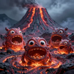 of a dark and smokey mountain with large strange cute friendly volcanic creatures made of lava with big eyes, mouth and round teeth appearing from the ground, in the style of Giger, macro lens, shallow depth of field, highly detailed, digital painting, trending artstation, concept art, illustration, cinematic lighting, vibrant colors, photorealism, epic, octane render