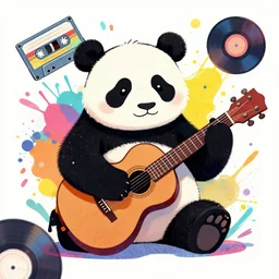 colorful illustration of panda with guitar, colorful splatters, cassete, vinyl, by andy wrahol