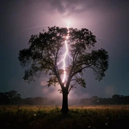 a 2 8 mm macro photo of lightning striking the top of a tree in a field, long exposure, misty, night, splash art, movie still, bokeh, canon 5 0 mm, cinematic lighting, dramatic, film, photography, golden hour, depth of field, award - winning, anamorphic lens flare, 8 k, hyper detailed, 3 5 mm film grain
