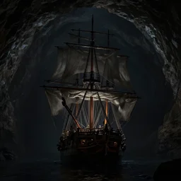 A singular big galleon ship, three masts, front and center, in a cave. Underexposed, dark, centered. Atmospheric matte painting by Darek Zabrocki and Emmanuel Shiu, 4k ultra detailed