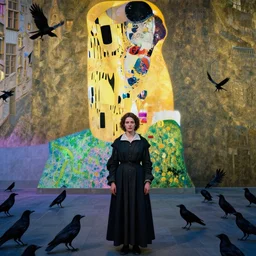 a woman in a medieval city, a lots of crows, hyperrealistic film still by edward hopper, by gottfried helnwein, by klimt, by paolo uccello, art nouveau, highly detailed, strong lights, liminal, eerie, symbolist, bright pastel colors