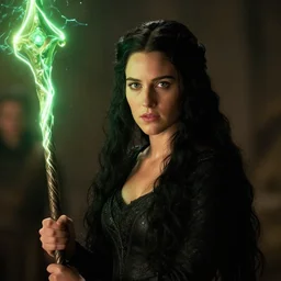 epic photo of young carrie fisher as beautiful medieval sorceress with very long black hair, battle scene, holding her wizard staff electricity emanating from it, sweaty, neutral expression, perfect likeness, rim light glow, low contrast, soft light, low light, green hue, shallow depth of field, photorealistic, cinematic lighting, lovely bokeh, warm colours, night time, movie quality, green glow from the left, excalibur 1 9 8 5, movie still, cinemascope