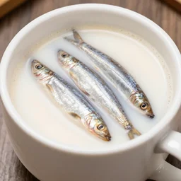 anchovies floating in a white porcelain cup of milk tea, macro restaurant photo