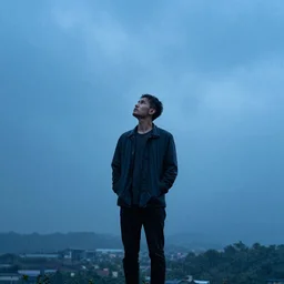 a man standing in the rain looking up toward the sky pondering life blue color scheme hyperrealism