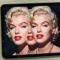 photograph of marilyn monroe using an ipad, focus on faces, cinematic lighting, unreal engine, steve mccurry, volumetric lighting