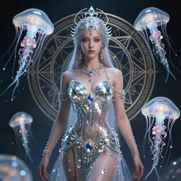 a centered render of an alluring post apocalyptic goddess with wearing ornate silver and gemstones and crystal clothing surrounded by flowing liquid gallium jellyfish and sacred geometry, perfect body and face, gorgeous, cinematic, beautifully lit, by tomasz alen kopera and peter mohrbacher and craig mullins, 3 d, trending on artstation, octane render, 8 k