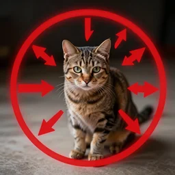 cat surrounded by red circle, red arrows pointing at a cat, epic lighting, youtube thumbnail, photography, realistic lighting, dramatic