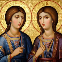 portrait of 2 different asian looking girls close up make up looking at each other in iconography style theophanes the greek glitter chinese ornament dress plasticien