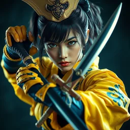 photorealistic portrait of a beautiful, female samurai warrior, holding sword in right hand, fighting body position, goth punk, vibrant yellow, blue, colors, surreal, a french baroque by by alexander mcqueen, hyper detailed, cinematic lighting