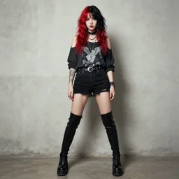 Grunge Girl with red and black hair, tall black boots, grunge, photography