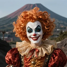 Pulcinella with a sinister look on his face in front of Vesuvius