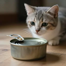 a can of tuna with a tiny cat in the background staring at it, evocative,