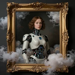 an ornately framed portrait painting of a robot woman surrounded by beautiful clouds. pulp sci - fi art for omni magazine. high contrast. dark background. baroque period, oil on canvas. renaissance masterpiece. trending on artstation. retrofuturism.