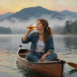“ a girl sitting in canoe on the hudson river drinking beer, mountains in fog background, by andrew wyeth ”