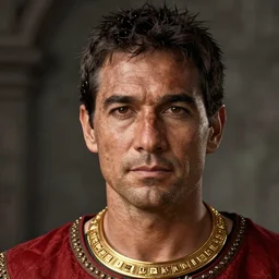 portrait of a male warrior, middle - age, dark short hair, tanned, beautiful, golden necklace, red tunic, close - up, stunning, detailled, by luis royo, by pixar, by myazaki, game of thrones, gothic, final fantasy, fantasy, medieval