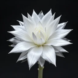 white flower with sharp petals, metal dot inclusions in stem, smooth, silvery, contrast, side light, product shot