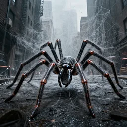 arachnophobia, a city coated in webs under attack from giant arachnids, photography