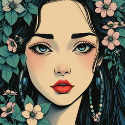 risograph grainy drawing of neo - tokyo anime - like hero girl protagonist face, dull colors, with huge earrings, face covered with plants and flowers, by moebius and dirk dzimirsky and satisho kon, latex, close - up wide portrait, epic sad, perfect blue