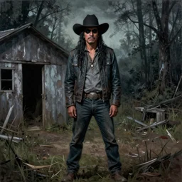 chicano street style grunge painting of a farm shed. in the distance, there is a forest. by bob ross, grim, gothic, ominous, haunting