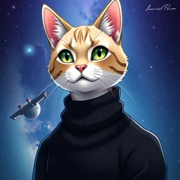 a bust portrait of an anthropomorphic scholar cat in a black turtleneck pullover in front of a galaxy wallpaper, trending on artstation, anime, furry art, trending on furaffinity