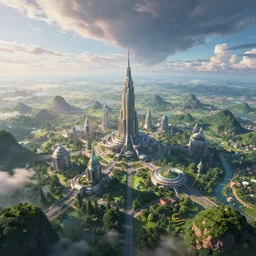 a view of an alien planet! gorgeous! viewed from one hundred feet in the air! a beautiful and technologically advanced city! lush! otherworldly sky!, 8 k, cgimovie, trending on artstation