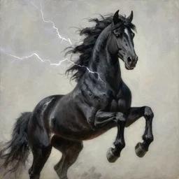 sleipnir, black eight legged horse, lightning for eyes, majestic, powerful, extreme detail, fine art, oil painting
