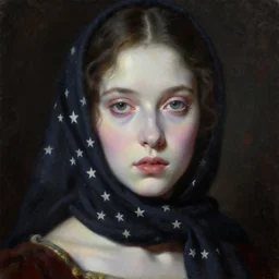 hyperrealism oil painting, complete darkness background, soft light, close - up portrait, medieval european fashion model, very pale skin, stars scarf, in style of classicism mixed with 8 0 s japanese sci - fi books art
