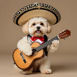 a cream-colored Havanese dog dressed as a mariachi musician, playing the guitar, Leica 35mm, 4K