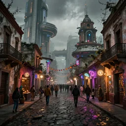 titled view action shot of a postapocalyptic futuristic small mexican town cobbled street, blade runner 2 0 4 9 guanajuato alleys, futuristic colonial city architecture, mexican dia de muertos decorations, crowded, environmental lighting, stromy weather, ray tracing, amazing view, highly detailed, neon shops, octane render, unreal engine 5, 4 k