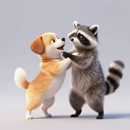 a dog and a racoon fusing via dance, anime art style, cgi render
