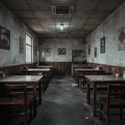 dull, abandoned photograph, desaturated, chinese restaurant interior, two-point perspective