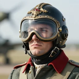fighter pilot with helmet, napoleonic accents, french imperial fighter pilot helmet, glass visor, ornate baroque details